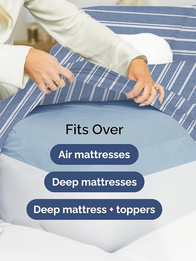 Extra Deep Cal King Sheet Set - 4 Piece Breathable & Cooling Bed Sheets - Easily Fits 18 to 24 inch Mattress - Soft, Wrinkle & Fade Free w/ Extra Deep Pockets - Hotel Luxury Bedding - Blue Stripes 3