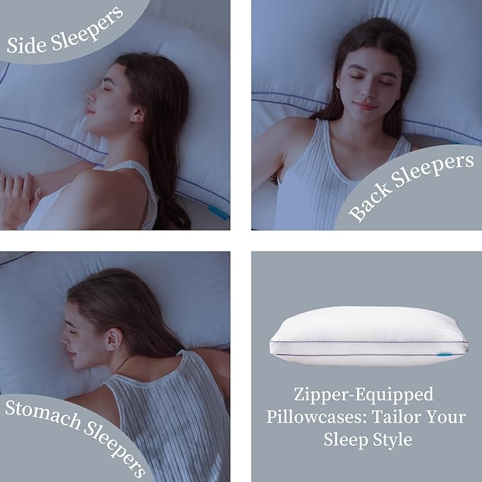 SLEEPDIARY Standard Pillows Set of 2,Hotel-Quality Bed Pillows with Zipper for Adjustable Loft, Machine Washable, Down Alternative Filling for Back, Side & Stomach Sleepers, White