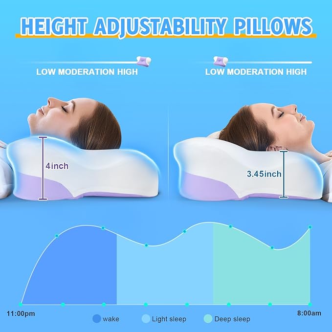 Cervical Neck Pillows with Memory Foam - Ergonomic Neck Support Pillows for Pain Relief Contour Memory Foam - Adjustable Orthopedic Bed Pillows with Cooling Pillowcase for Sleeping - Purple