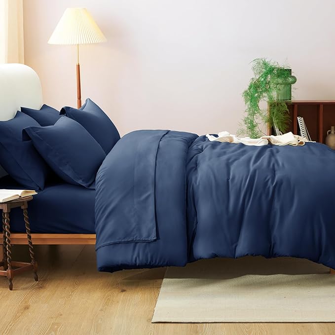 CozyLux Oversized Queen Comforter Set Navy Blue, 7 Pieces Bed in a Bag Comforter Set with Sheets, Luxury Soft Bedding Set with Down Alternative Comforter, Fitted Sheet, Flat Sheet, Pillowcases & Shams