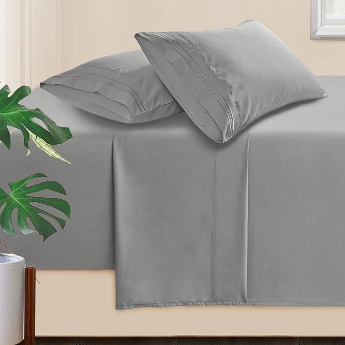 Manyshofu Extra Deep Pocket Twin Sheets Set - Hotel Luxury 1800 Thread Count Sheets & Pillowcases - Kids Bedding Set up to 24" Mattress - Silver Grey Bed Sheets 18-24 Inch Deep Pockets - 3 Piece