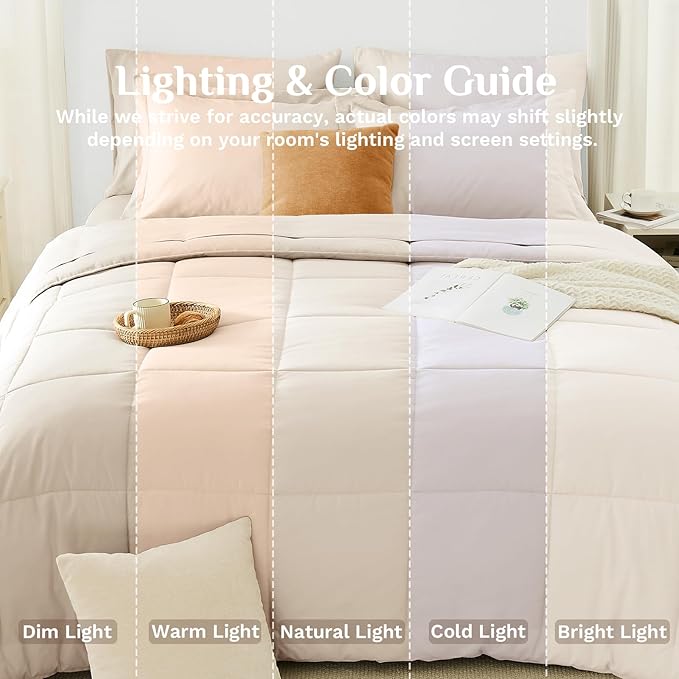 JOLLYVOGUE Queen Comforter Set, Ultra-Soft Bed in a Bag Queen Size 7 Pieces, Oeko-TEX Certified Bedding Set with Down Alternative Comforter, Sheets, Pillowcases & Shams, Beige