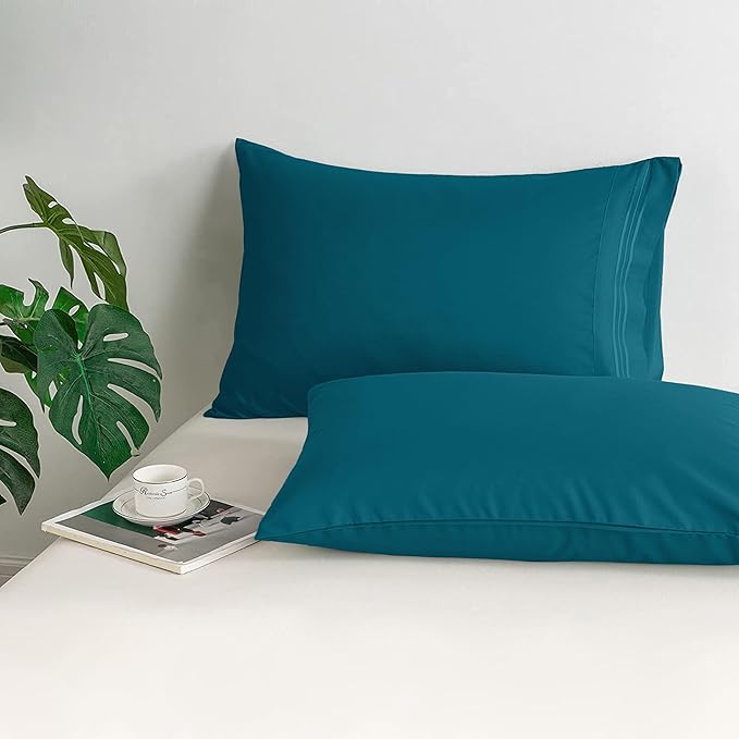 Mocassi 2-Piece Premium King Pillowcase Set 1800 Series Hotel Quality Microfiber - Soft and Breathable with 3-Line Embroidery Wrinkle and Stain Resistant, Easy Care, 20" x 40", Midnight Teal