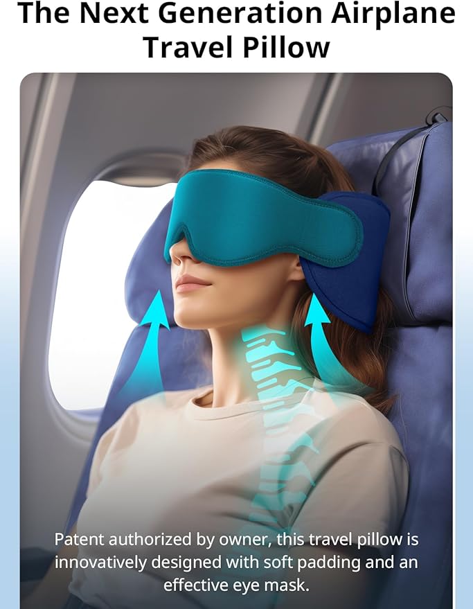 Inspireyes Travel Pillows for Airplanes, 360° Head Support for Long Flight, Soft Airplane Pillow with 3D Eye Mask for Sleeping, Stop Bobblehead, Airplane Headrest Gadgets, Lake Blue