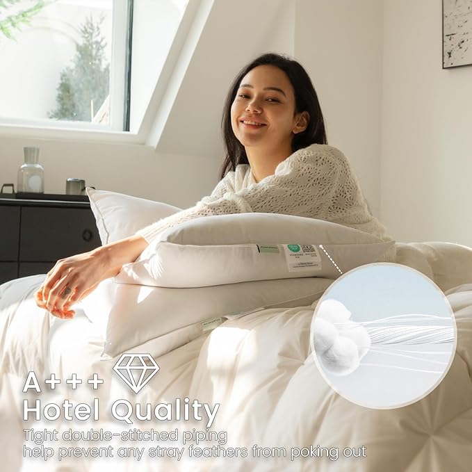 Alanzimo Goose Feathers Down Pillows Extra Large King Size Set of 2, Luxury Soft Feather Down Pillow for Sleeping, 600TC 100% Cotton Cover Hotel Bed Pillows for Back, Stomach or Side Sleepers 20x40