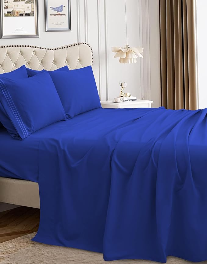 Mocassi Luxury Split King 5-Piece Sheet Set - 1800 Premium Hotel Quality - Easy-Fit, Wrinkle, Fade Resistant Bed Sheets and Pillowcases - All Around Elastic Fitted Sheet, Deep Pocket, Royal Blue