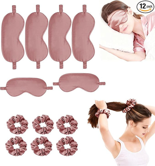 12Pcs Silk Sleep Masks Satin Eye Mask Silky Eyes Cover Blindfold Eyeshade Hair Ties Scrunchy Travel Bridesmaids Gifts