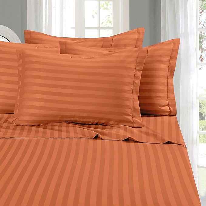 Elegant Comfort Softest and Coziest 6-Piece Sheet Set - 1500 Premium Hotel Quality Microfiber - Deep Pocket, Wrinkle Resistant 6-Piece Damask Stripe Bed Sheet Set, Full, Coral