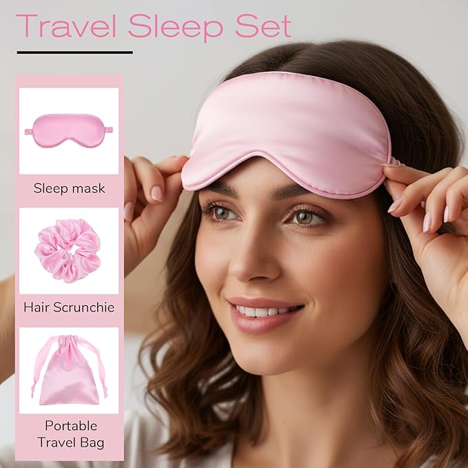 Silk Satin Sleeping Mask Set, Include 1 Double Layer Satin Filling Eye Cover 1 Scrunchie 1 Storage Bags, Pink Soft Breathable Blackout Eyeshade for Women Sleep Travel Nap Bridesmaid Gifts (Pink)