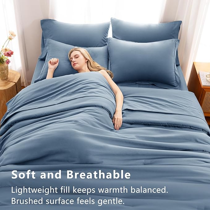 CozyLux Oversized Queen Comforter Set Grayish Blue, 7 Pieces Bed in a Bag Comforter Set with Sheets, Dusty Blue Luxury Soft Bedding Sets with Down Alternative Comforter, Sheets, Pillowcases & Shams