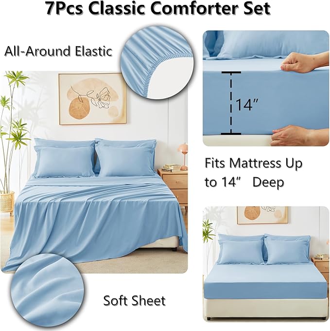 CozyLux King Size Comforter Set Baby Blue - 7 Pieces Bed in a Bag King, Luxury Soft Bed Set for All Seasons, Bedding Set with Down Alternative Comforter, Sheets, Pillowcases & Shams