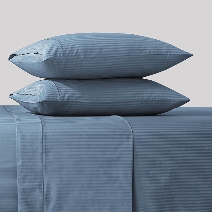 Feather & Stitch 500 TC California King Size Bed Sheet Set, 100% Cotton Soft Breathable Bedsheets, 4 Piece 18" Deep Pockets Sateen Weave Striped Bedding Mattress Resort Hotel Luxury - (Blue Stripe)
