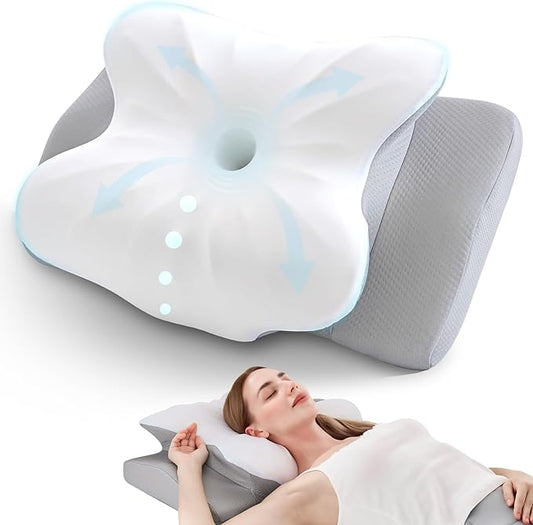 BDEUS Cervical Pillow for Side Sleepers, Neck Pillow for Sleeping, Memory Foam Ergonomic Pillow for Neck Pain Relief, Butterfly Contour with Arm Grooves, Dual Height Cooling Washable Cover, White