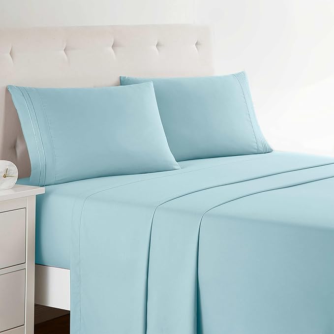 Clara Clark Bed Sheets, Premier 1800 Series 4 Piece Bed Sheet Set, Deep Pocket, Wrinkle, Fade, Stain Resistant, Luxury Soft Bedding Sheets & Pillowcases, Split King, Light Blue Aqua