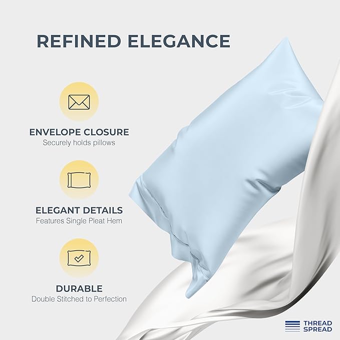 THREAD SPREAD 100% Egyptian Cotton Pillow Cases Queen Size Set of 4 - Luxury 1500 Series Queen Pillow Cases (Light Blue), Soft Cooling Envelope Closure Hotel Quality Egyptian Cotton Pillowcases