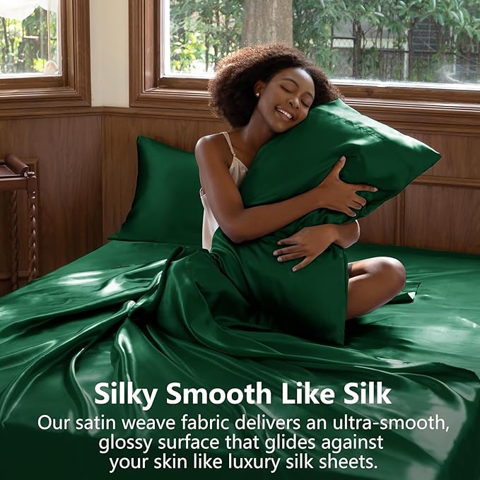 CozyLux Satin Sheets King Size Sheet Set - 4 Piece Silky King Sheets, Luxury Dark Green King Bed Set with Smooth and Soft Microfiber, Includes 1 Fitted Sheet, 1 Flat Sheet and 2 Pillowcases
