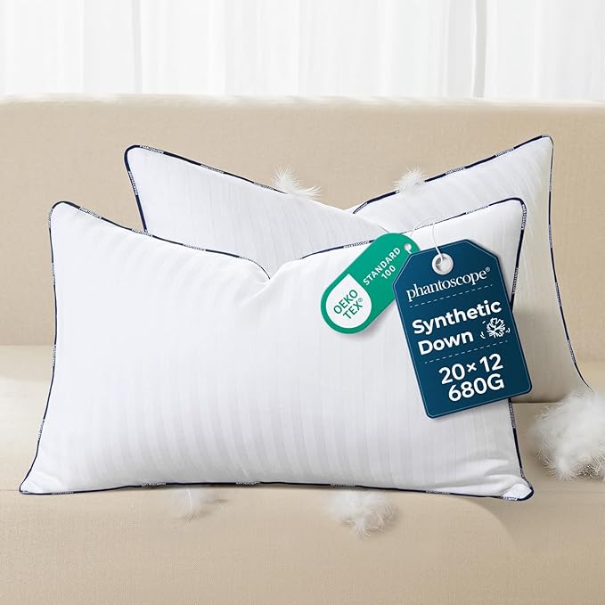 Phantoscope 12x20 Synthetic Down Alternative Pillow Inserts, Handmade Down Pillows Insert Sleeping Throw Pillows with 100% Cotton Cover Decorative Pillow Stuffer for Sofa, Couch Bed(White, Set of 2)