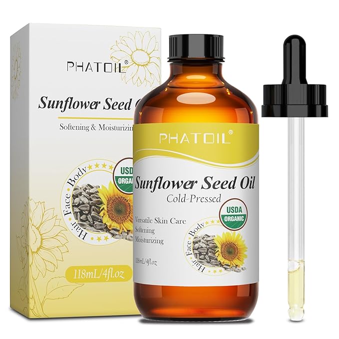 PHATOIL Organic Sunflower Seed Oil for Skin 118 ml (4 fl.oz), USDA Certified Organic, Cold Pressed Sunflower Oil in Glass Bottle for Hair, Body Moisturizer, Carrier Oil for DIY, Massage