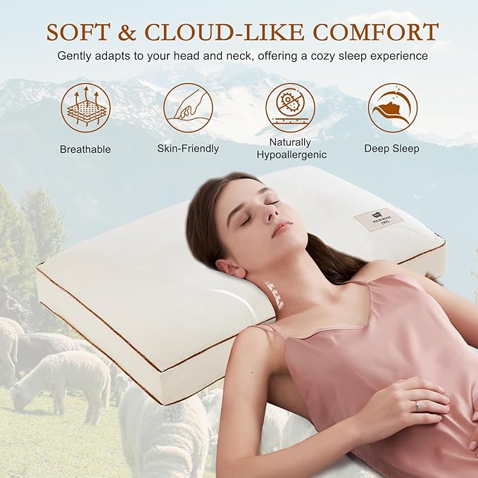 YOUR MOON Natural Wool Pillow Twin Size, Soft Support Bed Pillows for Sleeping, Premium Australian Wool Filling with 100% Cotton Cover, Down Alternative Pillow (Off White)