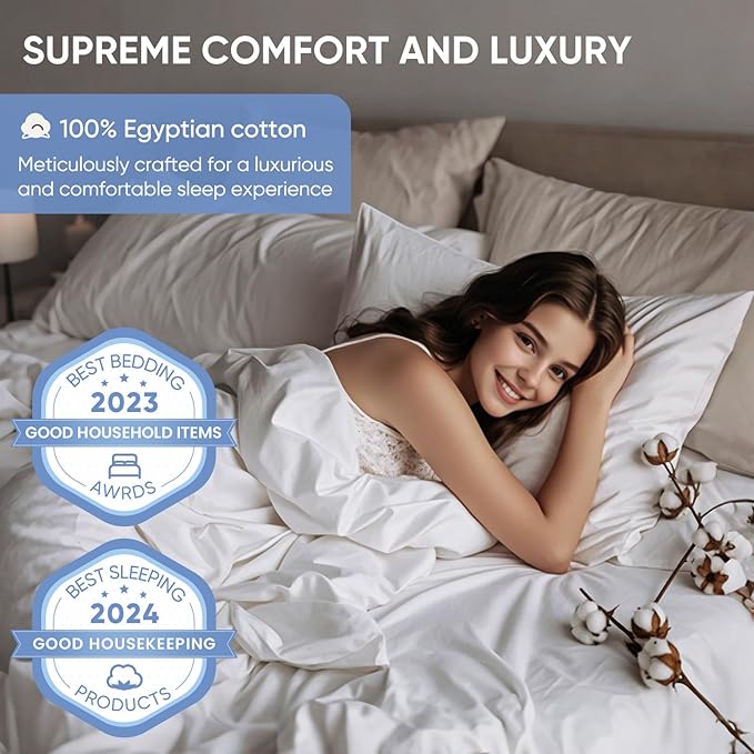 TWK 1200 TC 100% Egyptian Long-Staple Cotton Bedding Sheets Set, Luxury Hotel Style Deep Pocket with Elastic Reinforced Seams Sheet Set, Soft & Comfy Natural Sheets (White, Full)