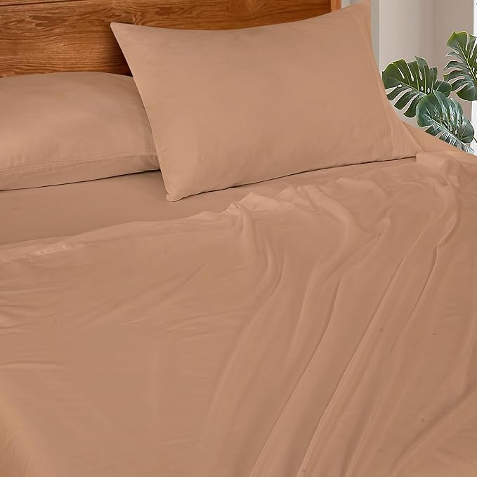 ROYALE LINENS 300 Thread Count 100% Long Staple Combed Cotton Sheet Set - 4 Piece Queen Bed Sheets - 1 Fitted, 1 Flat & 2 Pillow Cases - Soft Cool & Crisp Sheet Set (Queen, Clay)