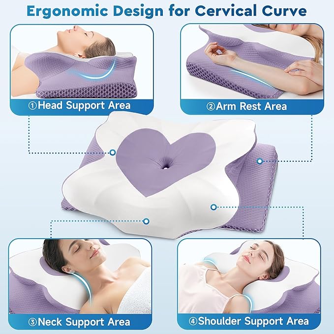 CushZone Cervical Neck Pillow, Memory Foam Neck Support Pillows for Sleeping, Shoulder Pillow for Side Sleepers, Back Stomach Sleepers, Queen Size, Lavender Color