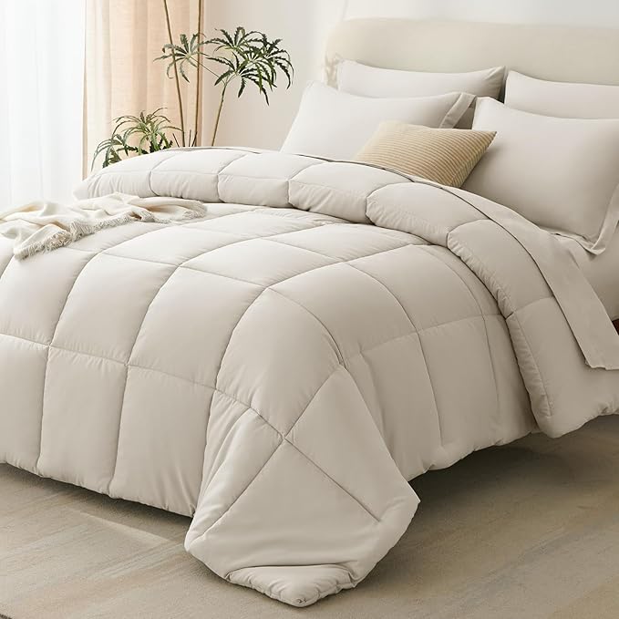 CozyLux Oversized King Comforter Sets Beige, 7 Pieces Bed in a Bag, 120x98 Box Stitched Design Bedding Set, All Season Soft Bed Set with Down Alternative Comforter, Sheets, Pillowcases & Shams