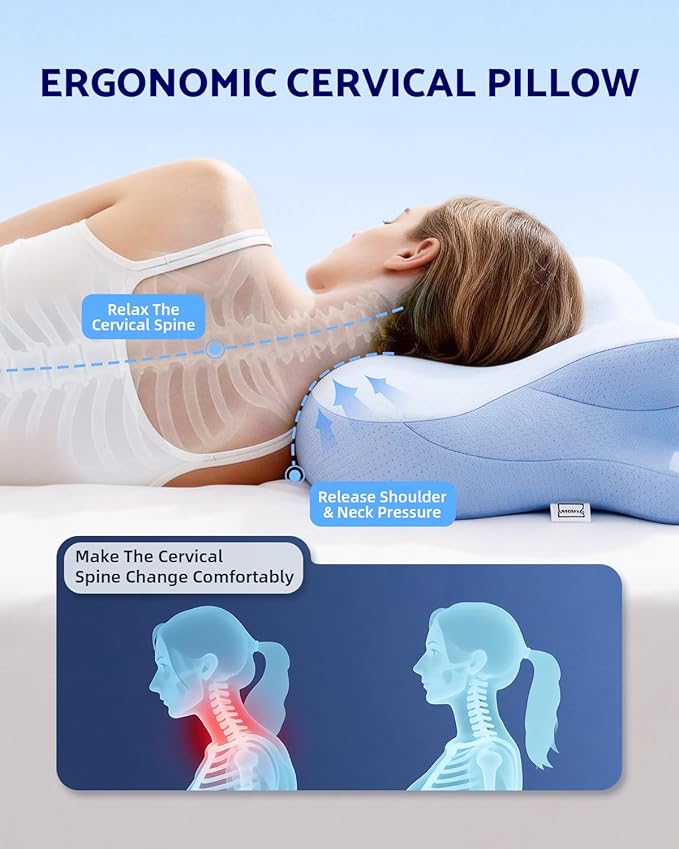 Cervical Neck Pillow for Sleeping, Ergonomic Contour Memory Foam Pillow for Neck Pain Relief, Neck Pillow for Back, Side Sleeper Pillows, Cooling Neck Support Pillow with Pillowcase