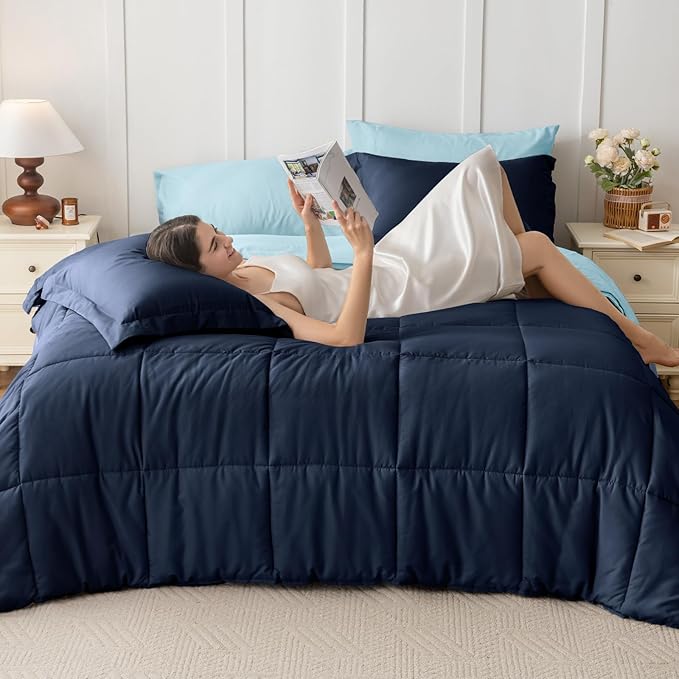 JOLLYVOGUE Full Comforter Set, Ultra-Soft Bed in a Bag Full Size 7 Pieces, Oeko-TEX Certified Bedding Set with Down Alternative Comforter, Sheets, Pillowcases & Shams, Navy & Light Blue
