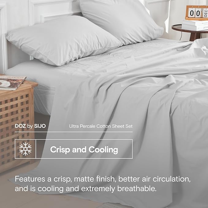 DOZ 100% Long Staple Cotton Sheet Sets, Classic Crisp Percale Weave, Breathable, Matte Finish, Hotel Style, Durable, 4pc – 2 Pillowcases 1 Fitted 1 Flat (Dove, Cal King)