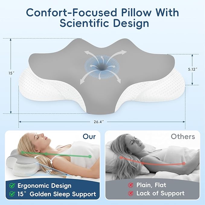Cervical Neck Pillow for Pain Relief, Ergonomic Contour Pillow for Sleeping, 2 Heights Cooling Pillow for Neck and Shoulder Support, Memory Foam Orthopedic Pillow for Side Back Stomach Sleepers