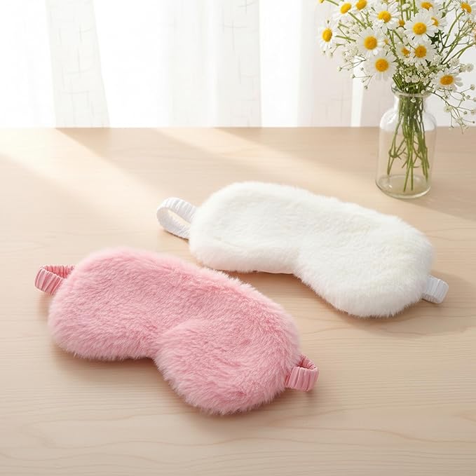 Sibba Plush Eye Mask, 2Pcs Furry Sleep Masks Silk Blindfold, Antifaz para Dormir Comfortable Fluffy Sleeping Eye Cover for Women Men Sleepover Nap Travel Party Supply, Pink White
