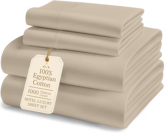 LANE LINEN Luxury 100% Egyptian Cotton Sheets Cal King Sheet Set - 1000 Thread Count, Eo Friendly Oeko-Tex Certified No Pill Fade Resistant Fully Elasticized Machine Washable Cooling Bed Sheet -Taupe