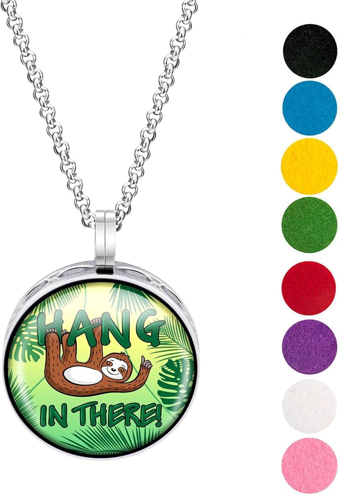 Wild Essentials Hang in There Sloth Necklace Essential Oil Diffuser Kit with Lavender, Lemongrass, Peppermint, Orange Oils, 8 Refill Pads, Calming Aromatherapy Gift Set, Customizable, Perfume