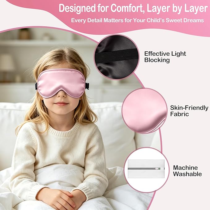 Kids Sleep Mask Eye Cover, Silk Sleeping Mask for Kids, Soft Blackout Blindfold Eye Mask with Adjustable Strap & Laundry Bag for Easy Washing, Gift for Girls Boys Ages 5-15 (Pink)