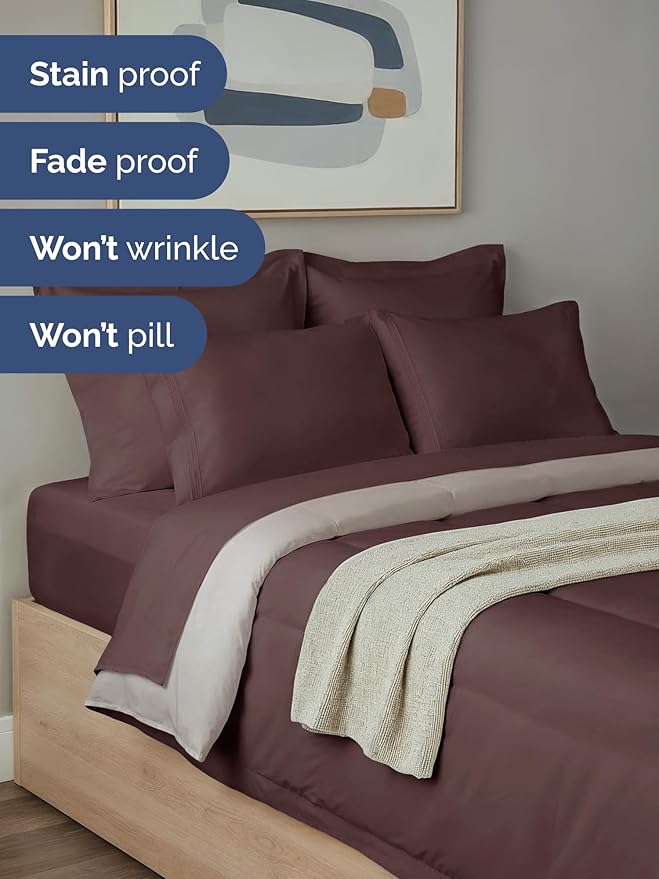 Full Comforter Set - 7 Piece Bed in a Bag Full Size Bed Set - Down Alternative Comforter, Flat Sheet, Fitted Sheet, Pillowcase & Shams for All Seasons - Ultra Soft, Comfy and Breathable - Brown/Beige
