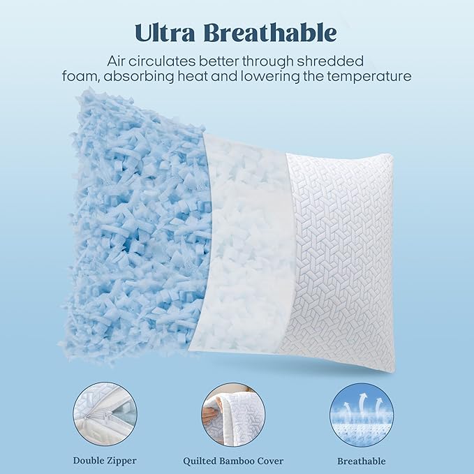puredown® Cooling Pillows Queen Size Set of 2, Memory Foam Pillows Adjustable Firm Bed Pillows for Sleeping, Cool Pillow for Hot Sleepers with Zipper Removable Pillow Cover