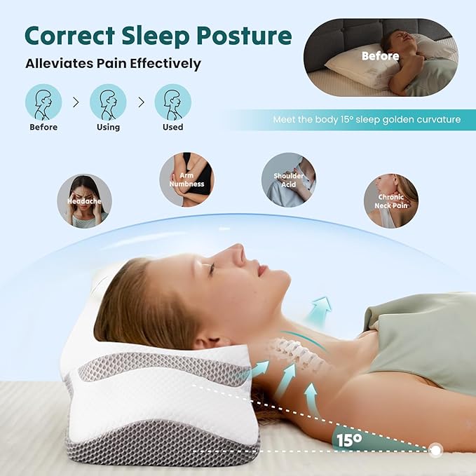 DUMOS Cervical Neck Pillow for Neck Pain Relief, Cooling Memory Foam Pillows for Sleep Apnea, Soft Side Sleeper Pillow Orthopedic Support Ergonomic Pillow for Stomach Back Stomach Sleepers