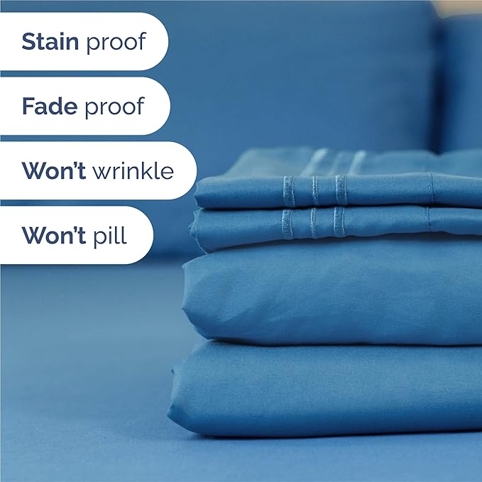 Split King Size 5 Piece Sheet Set - Comfy Breathable & Cooling Sheets - Hotel Luxury Bed Sheets for Women & Men - Deep Pockets, Easy-Fit, Soft & Wrinkle Free Sheets - Denim Blue Oeko-Tex Bed Sheet Set