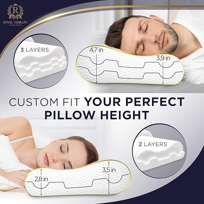 Royal Therapy King Memory Foam Pillows 2-Pack – Ergonomic Cervical Pillow for Neck and Shoulder Pain – Medium Firm Contour Pillow for Side, Back, and Stomach Sleepers – CertiPUR-US Certified