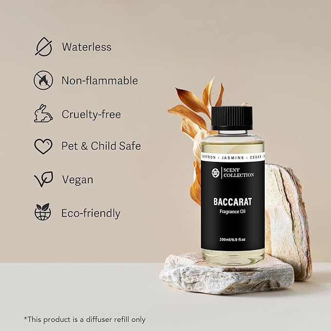 Luxury Hotel Scent Baccarat 200ml/6.76Fl oz Waterless Essential Oil NYC Hotel Scent Experience – Long Lasting Refill for Large Room & Home - Signature Saffron Cedar