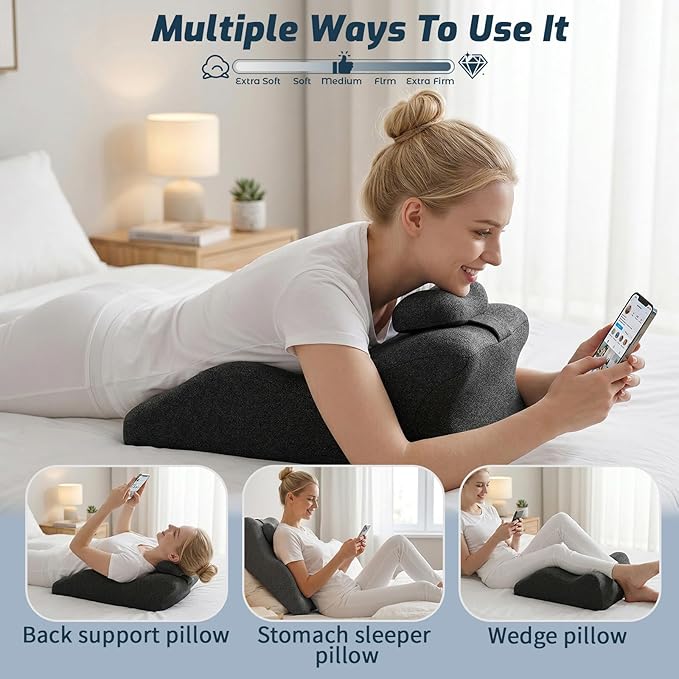 Ergonomic Wedge Prone Pillow,Memory Foam Multi-Functional Bed Pillow,Reading Pillow,Ideal for Bed Breaks,Massage,Reading,Back Support,Sleeping,and Leg Pain Relief