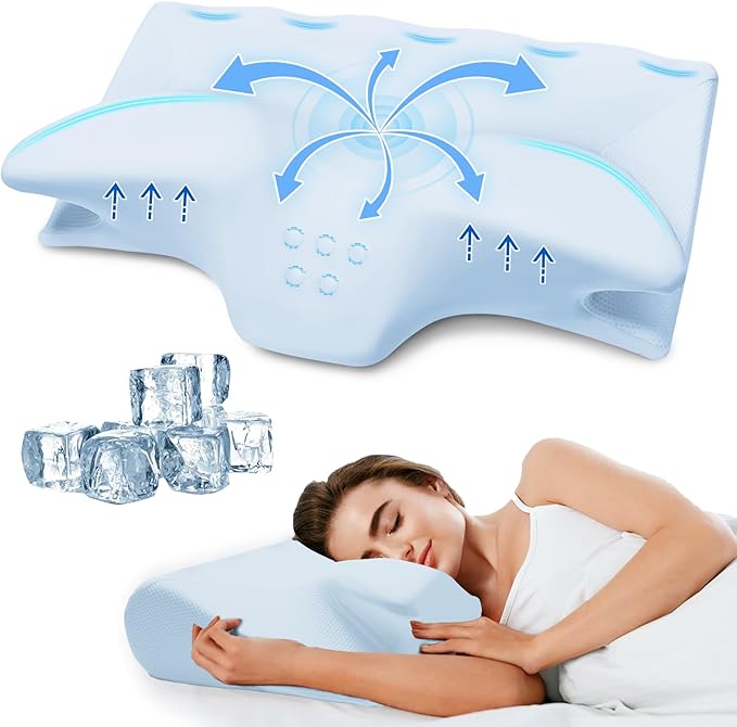 Cervical Pillow for Neck Pain Relief, Cooling Contour Memory Foam Pillows Support Odorless Ergonomic Neck Pillow Adjustable Orthopedic Bed Pillow for Side Back Stomach Sleeper,Blue