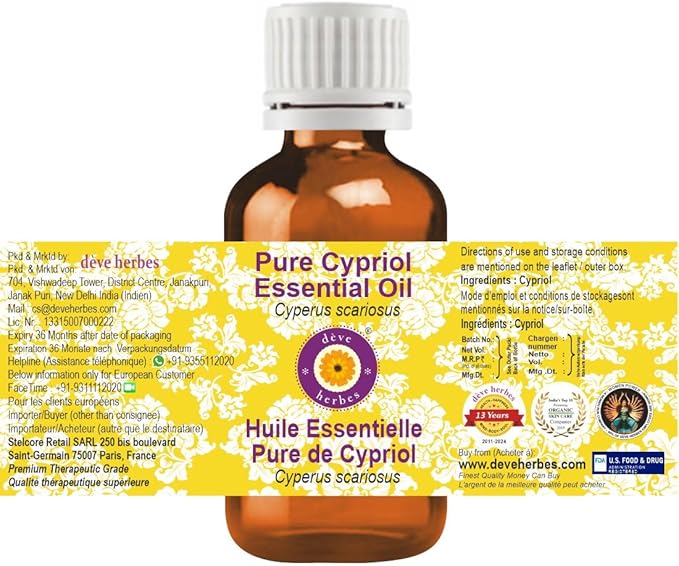 dève herbes Pure Cypriol Essential Oil (Cyperus scariosus) Steam Distilled 50ml (1.69 oz)