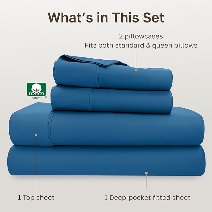 California Design Den Soft Queen Size Cotton Sheet Sets, 400 TC Good Housekeeping Award Winner, Silky Smooth Sateen Weave with Deep Pockets, Breathable and Durable Queen Bedding Set - Cobalt Blue