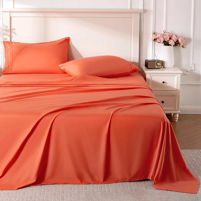 ROSE&RISY Orange Twin Sheet Set, 3 Pieces Soft Bedding Sheet Set, Breathable and Cooling,Includes 1 Fitted, 1 Flat, 1 Pillow Case - Deep Pocket (Orange Red, Twin)