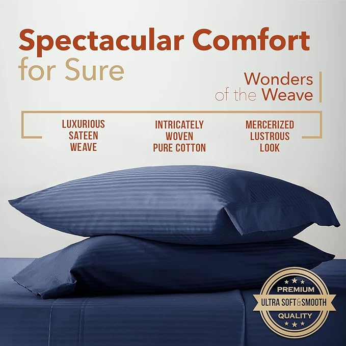 TEXAS LINEN CO. Luxury Egyptian Cotton Queen Size Sheet Set - Texan Talkin' Damask 600 Series 4 PC Deep Pocket Fitted and Flat Sheets, Cooling Extra Long Staple Sateen Hotel Bedding - Navy Blue Stripe