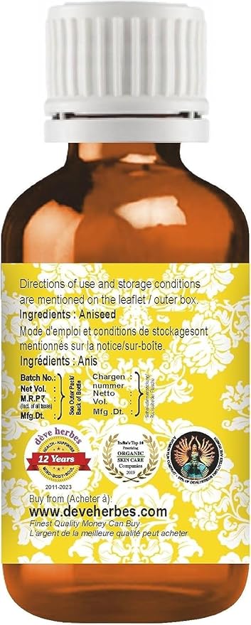Deve Herbes Pure Aniseed Essential Oil (Pimpinella anisum) Steam Distilled (Pack of Five) 100ml X 5 (16.9 oz)