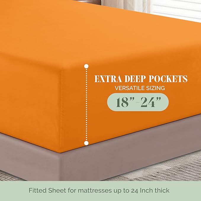 Elegant Comfort Luxurious 1500 Premium Hotel Quality Microfiber 4-Piece Sheet Set, 18-24 Inches Deep - Extra Deep Pocket Sheets - Ultra Soft 4PC Deep Pocket Sheets, Queen, Orange