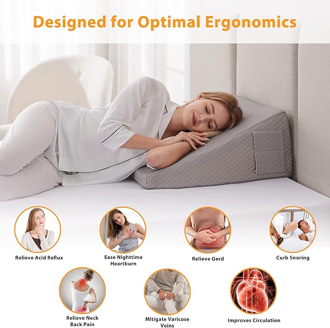 Ruqmuis Wedge Pillow for Sleeping, 10" Bed Wedges Pillow for Headboard, Triangle Incline Wedge for Acid Reflux, Pillows Wedge for Back Pain Relief, Elevated Leg Pillows After Surgery, Snoring, Grey